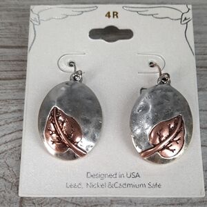 Silver and Rose Gold Leaf Embossed Drop Earrings NWT